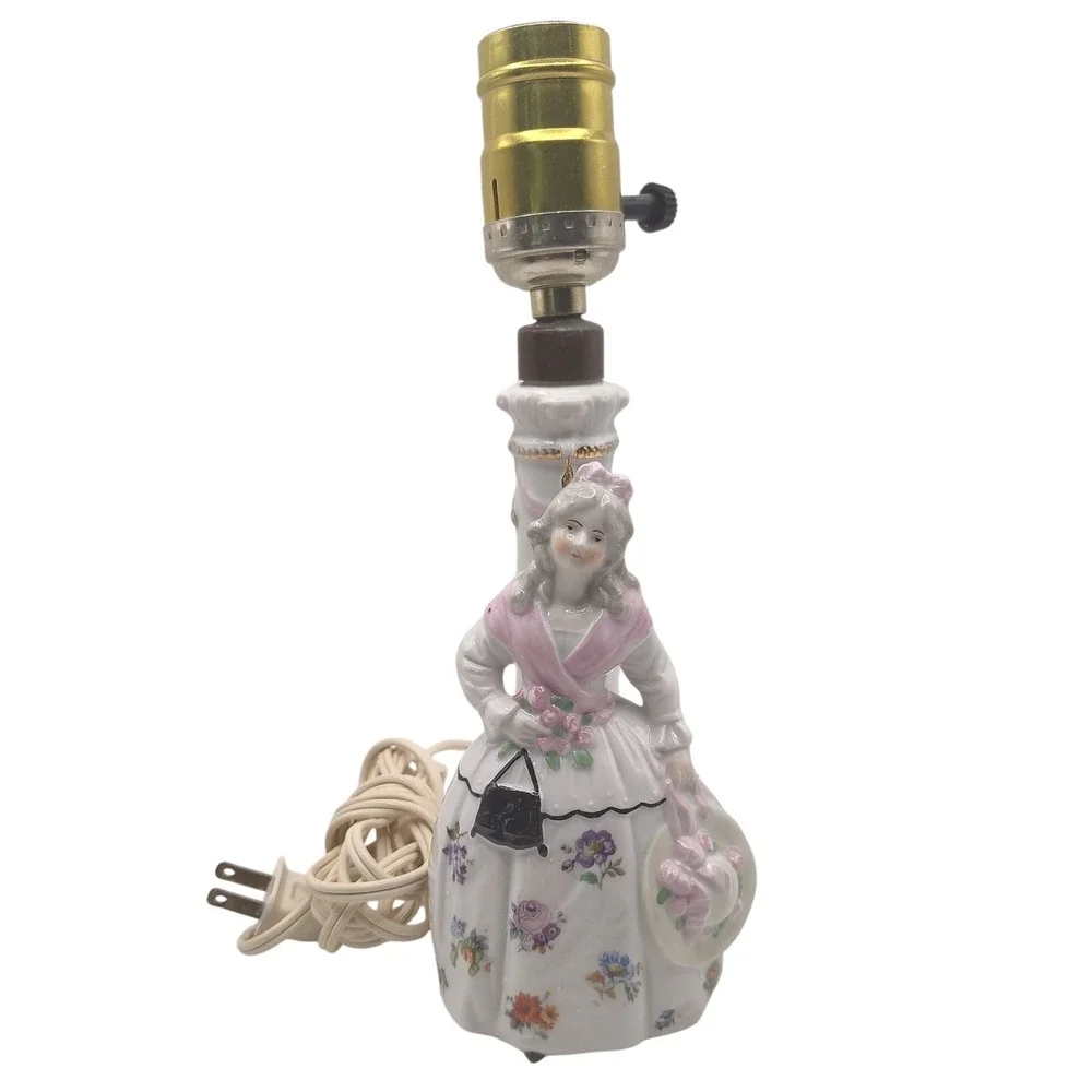 Vintage Dresden Porcelain Desk Lamp Colonial Lady‎ Floral Dress 1950s Works SEE